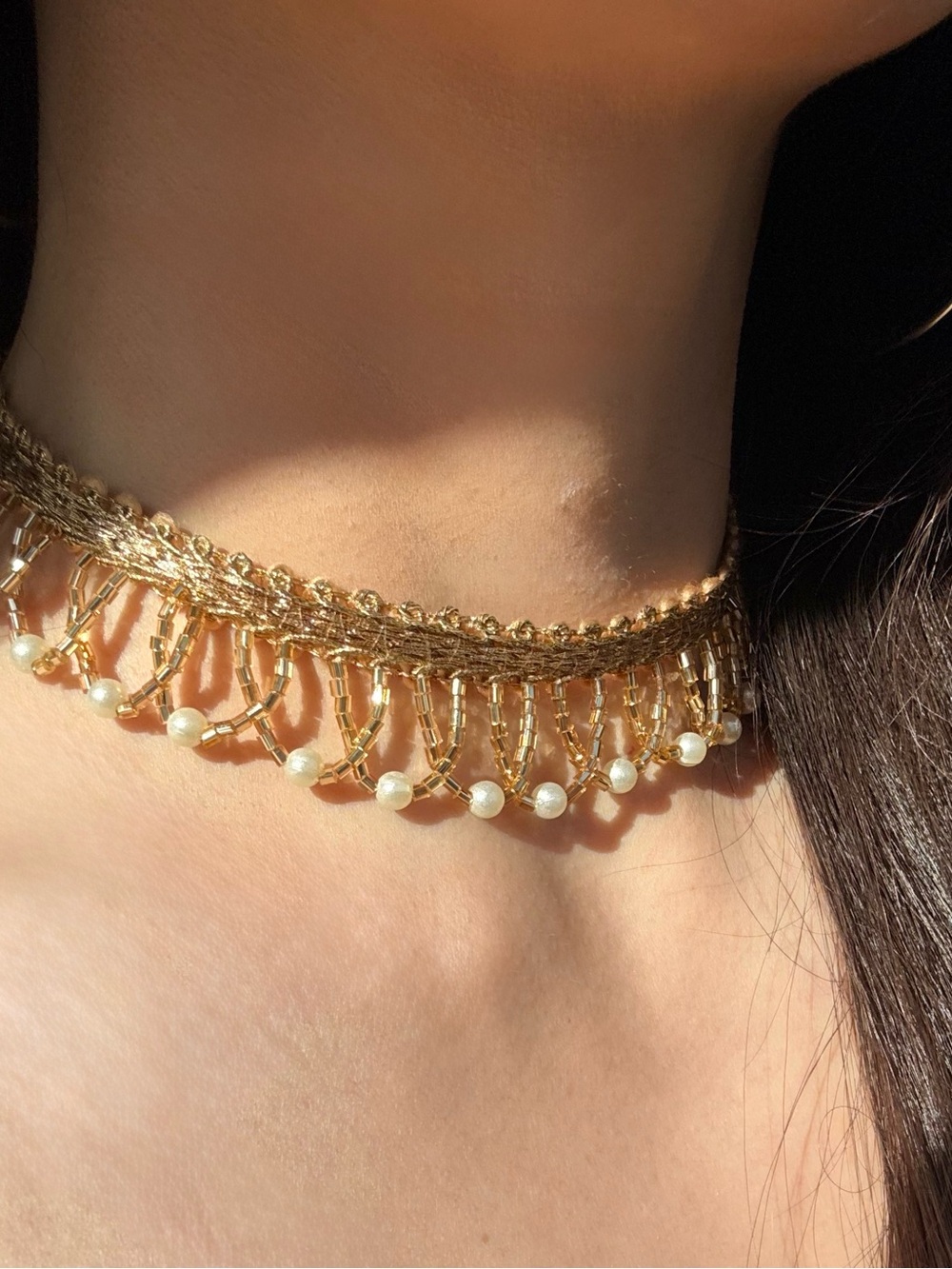 Delicate Gold Pearl Fringe Choker Necklace - Women Jewelry